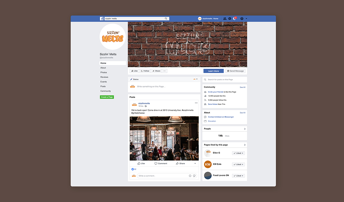 Sizzlin' Melts Facebook page