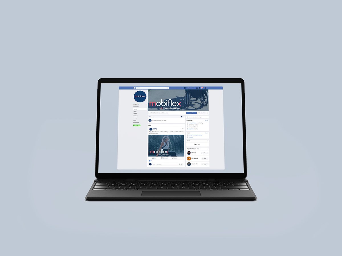 MobiFlex Facebook page on a laptop