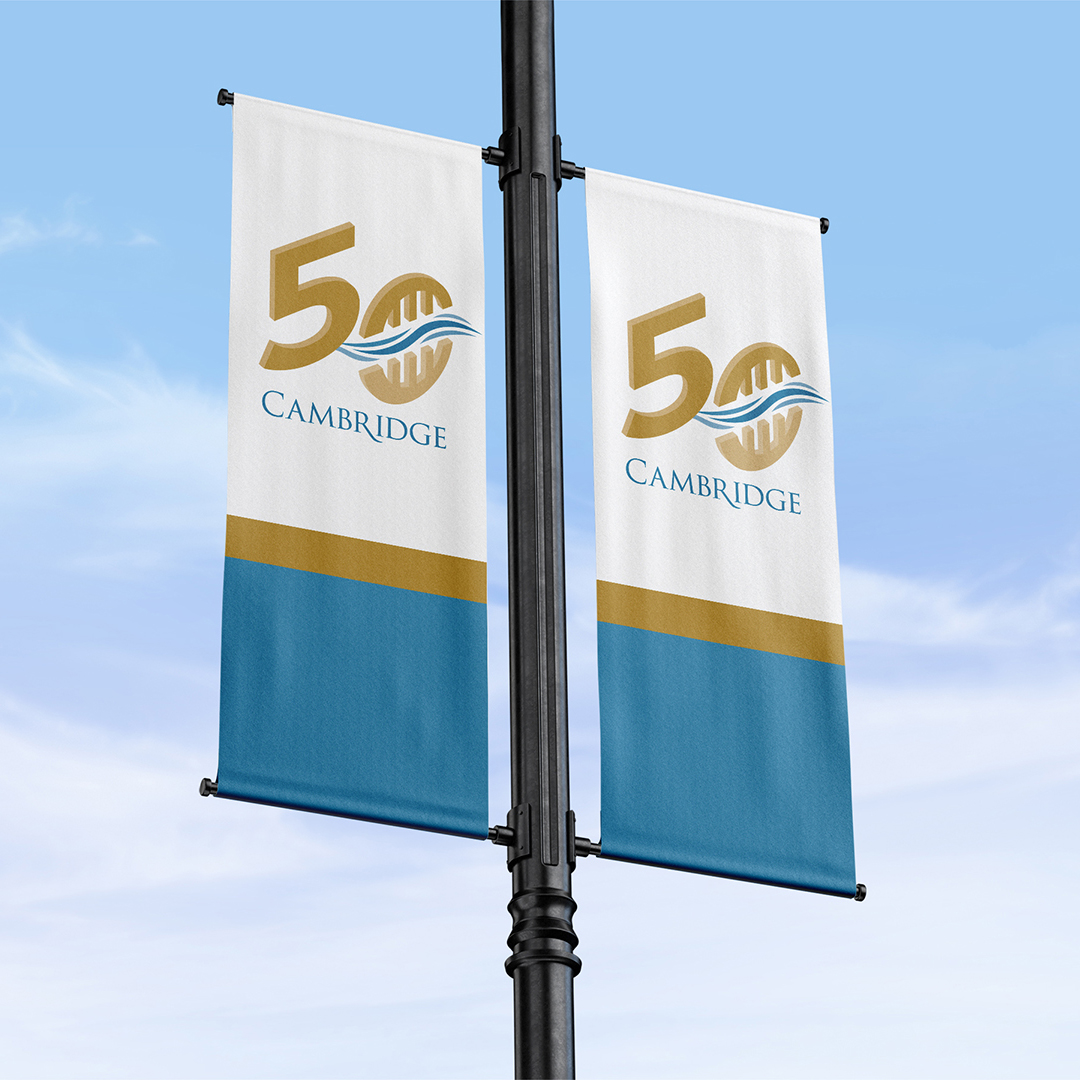 Lamp post banners with the Cambridge 50 logo