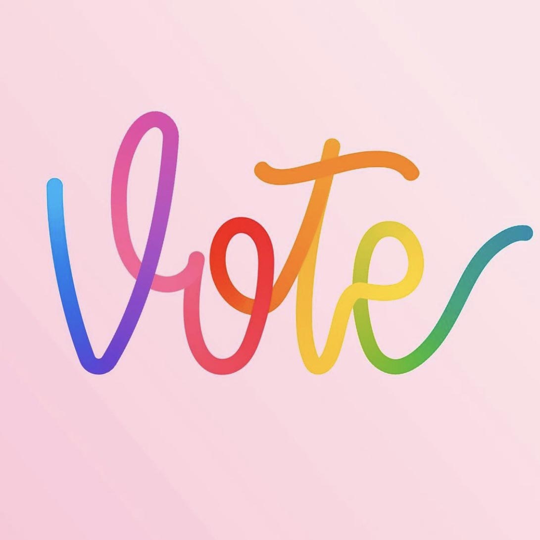 The word vote wrriten in randow cursive with a pink background