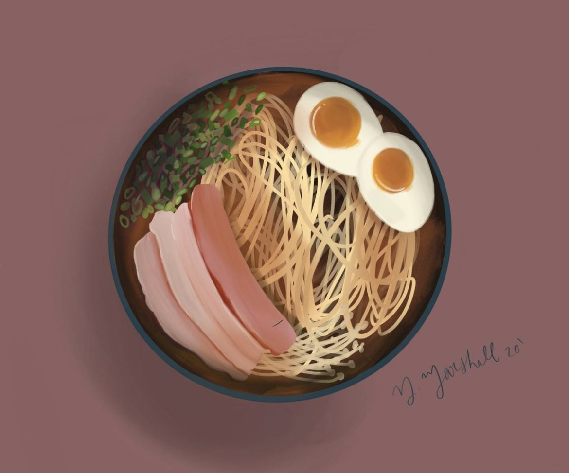 Digital painting of a bowl of ramen with a pink background