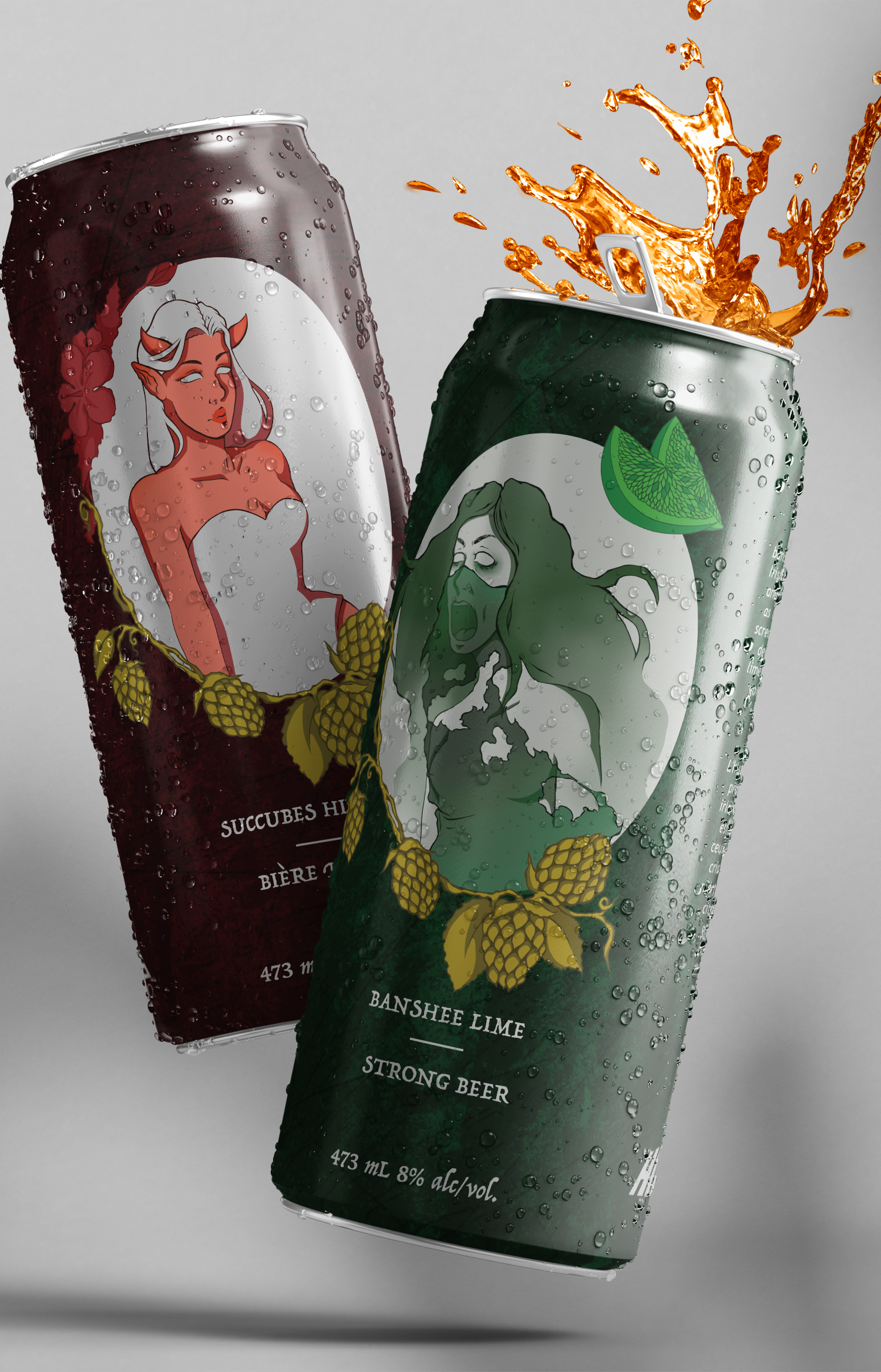 An image depicting two of the three cans of this series; Succubus Hibiscus and Banshee Lime. Both of which are covered in condensation, one is open and is spilling out beer.